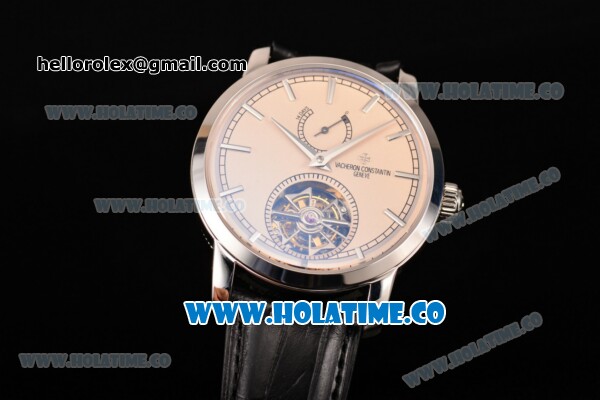 Vacheron Constantin Patrimony Swiss Tourbillon Manual Winding Steel Case with Beige Dial Black Alligator Strap and Stick Markers - Click Image to Close